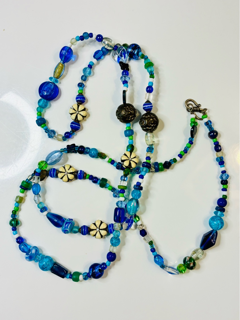 Handmade Blue & Green Beaded Necklace with Floral Accents - Picture 3 of 15